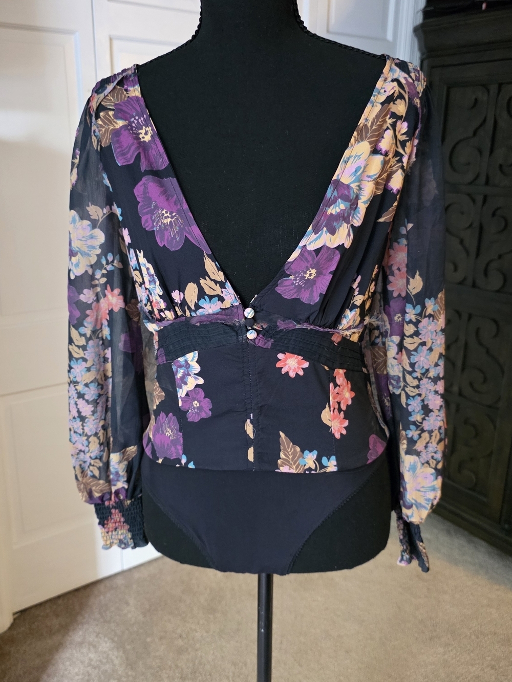 Free People NWT Floral Sheer Sleeve Bodysuit XS Whimsigoth Boho Gothic Top - Picture 1 of 8